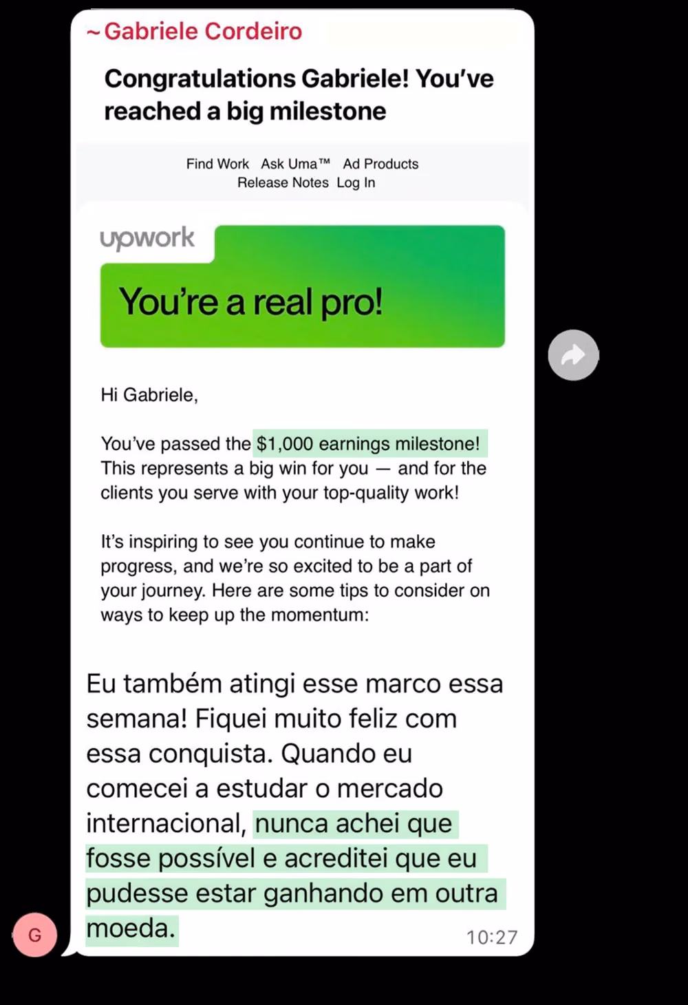 Upwork parabenizando a aluna por bater mais um marco de faturamento
