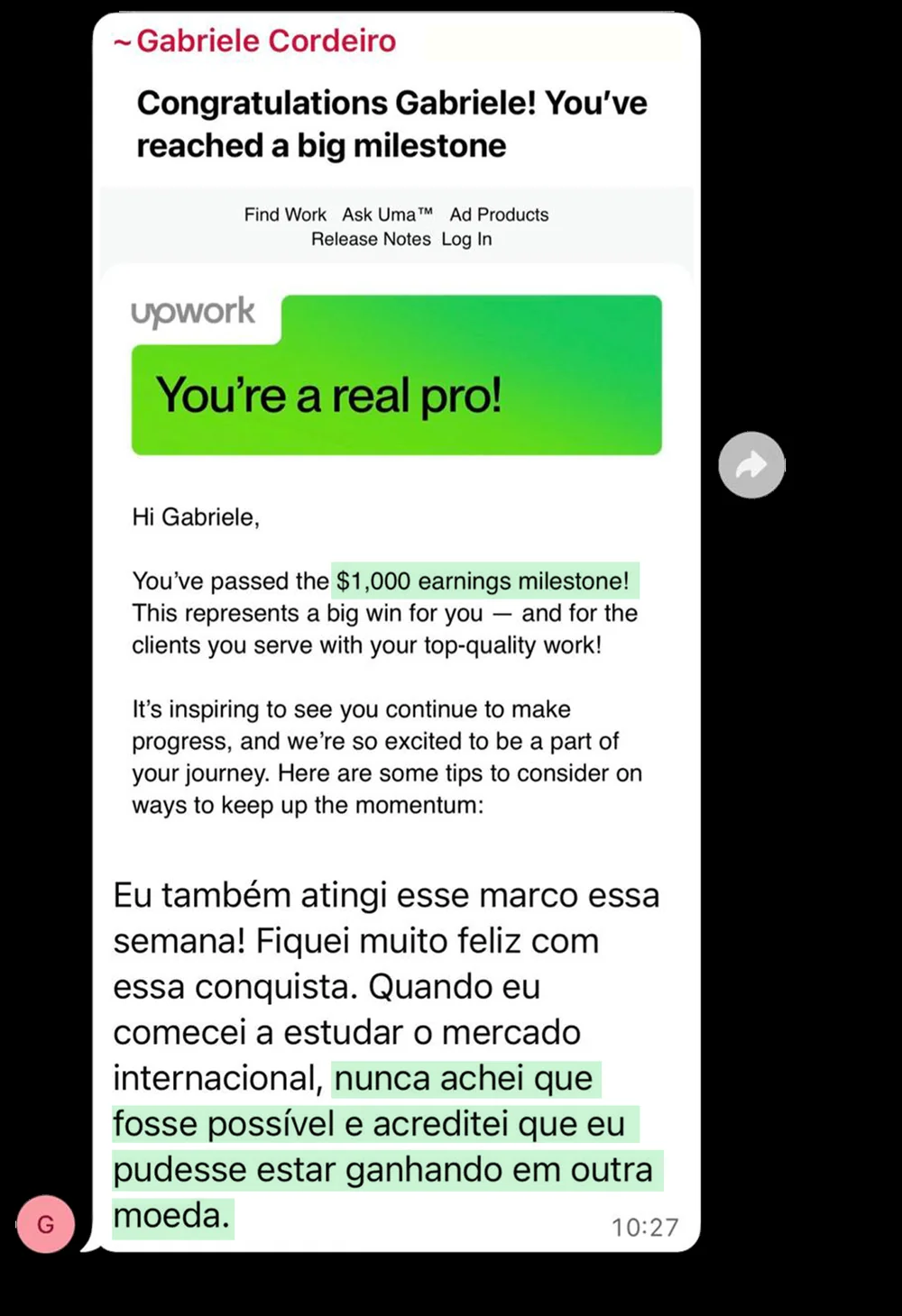 Upwork parabenizando a aluna por bater mais um marco de faturamento