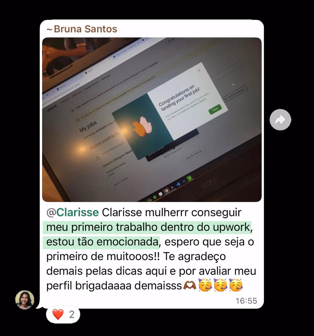 Aluno fechou o primeiro trabalho dentro do Upwork e montou o setup profissional