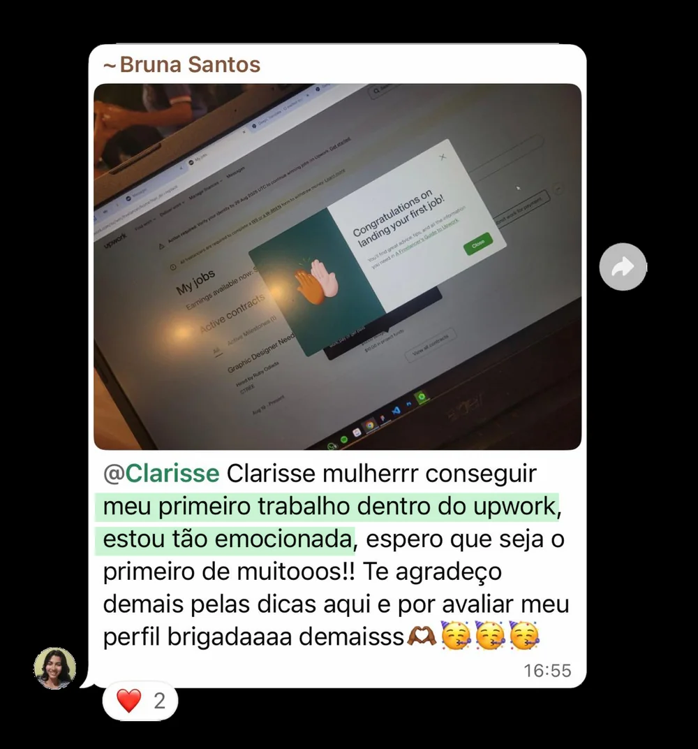 Aluno fechou o primeiro trabalho dentro do Upwork e montou o setup profissional