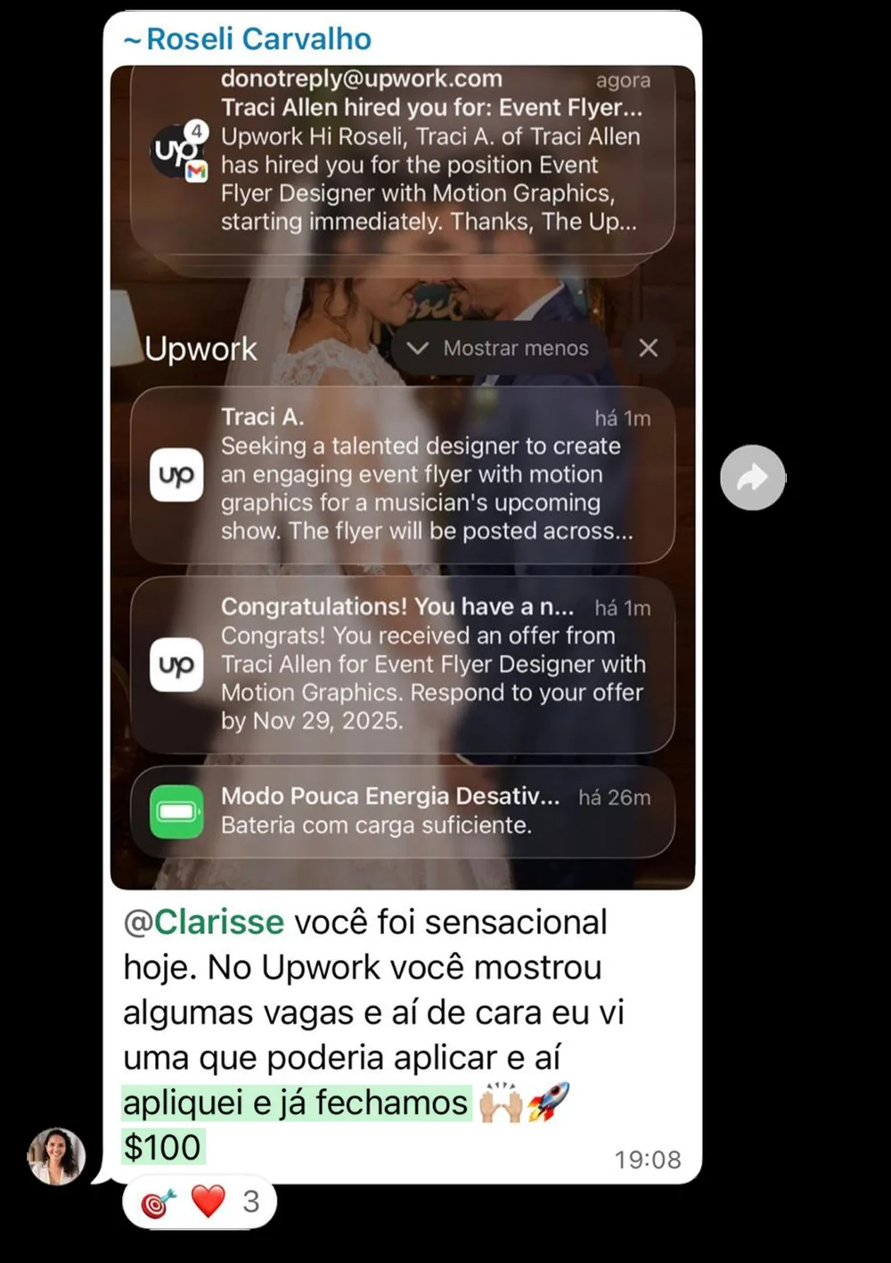 Aluna recebeu propostas e fechou projeto de US$ 500 no Upwork