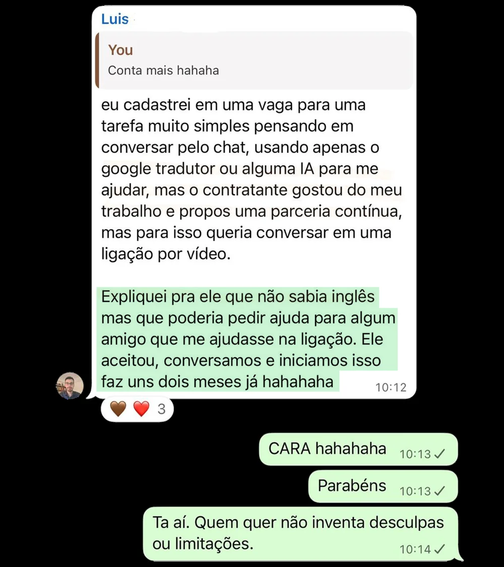 Aluna atendendo cliente gringo com ajuda de IA, sem falar inglês fluente
