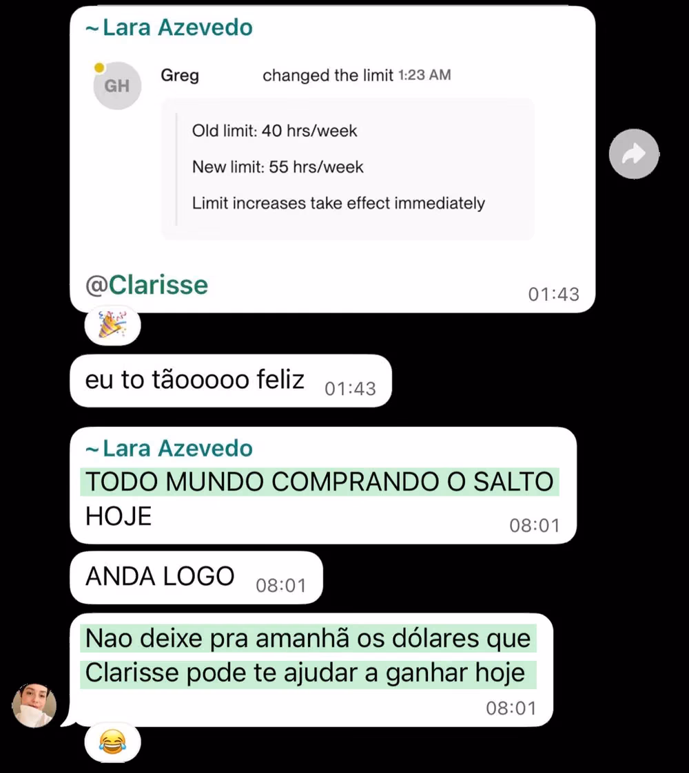 Turma no grupo comentando que todo mundo está comprando o Salto