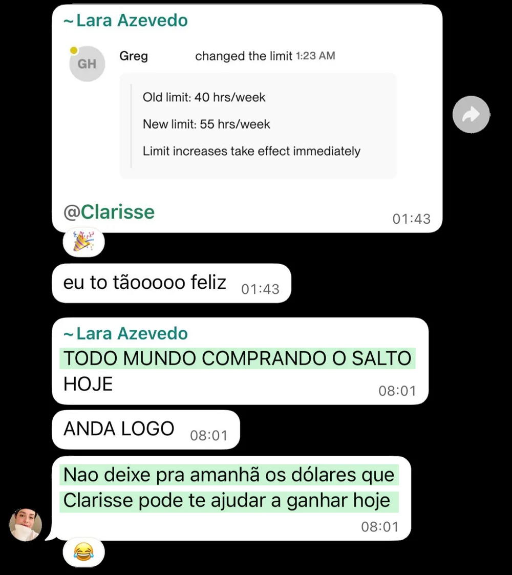 Turma no grupo comentando que todo mundo está comprando o Salto