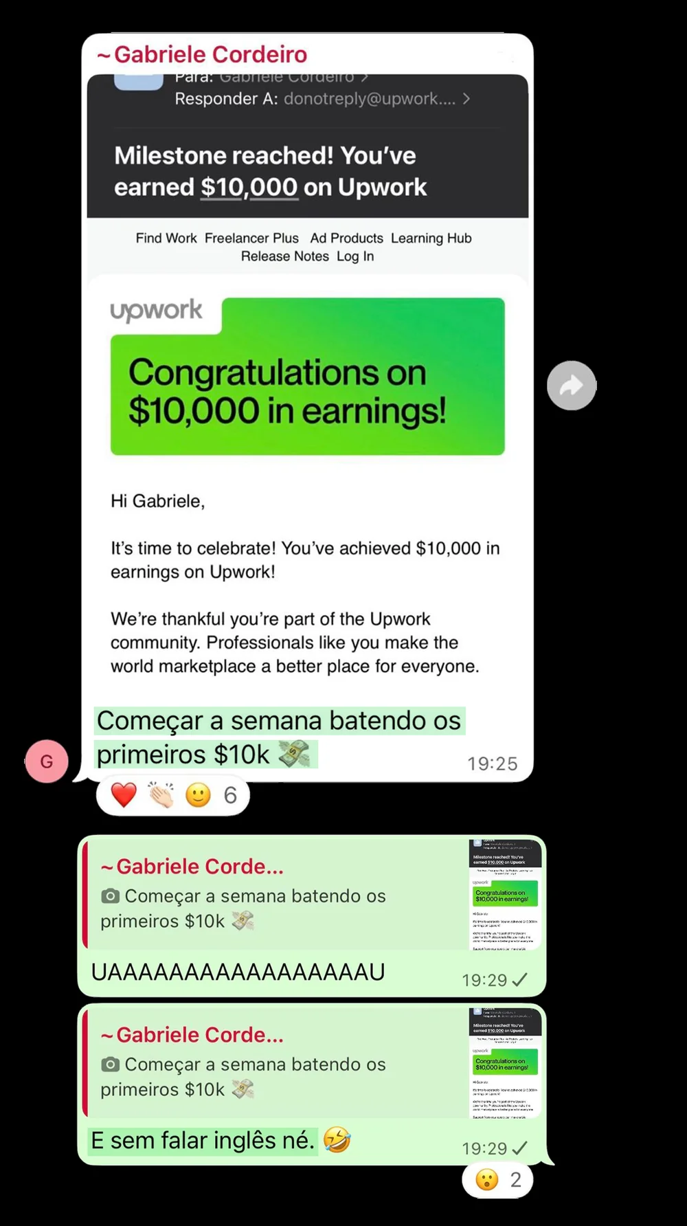 Aluna do Salto recebeu o marco de US$ 10.000 em ganhos no Upwork