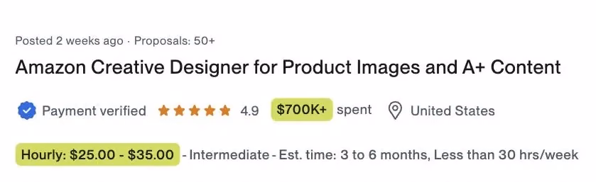Vaga no Upwork: Amazon Creative Designer for Product Images and A+ Content, cliente com $700 mil já pagos, $25 a $35 por hora, Estados Unidos