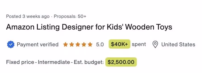 Vaga no Upwork: Amazon Listing Designer, orçamento fixo de $2.500, cliente com $40 mil já pagos, Estados Unidos