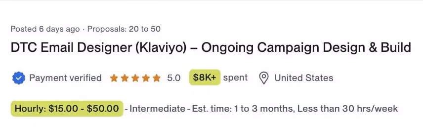 Vaga no Upwork: DTC Email Designer (Klaviyo), pagamento verificado, $15 a $50 por hora, Estados Unidos
