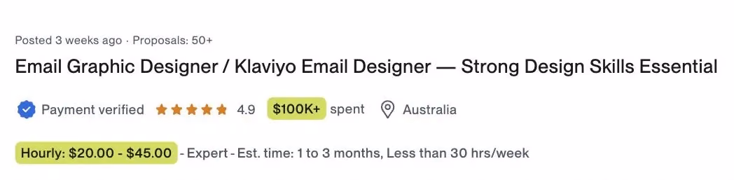 Vaga no Upwork: Klaviyo Email Designer, cliente com $100 mil já pagos, $20 a $45 por hora, Austrália
